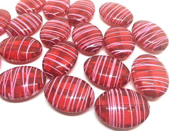 Red & Pink Oval 33mm beads, red beads, striped beads, valentine