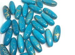 Blue & Gold 33mm Tube Beads, blue tube beads, blue gold jewery, painted beads, long skinny tube beads, blue and gold necklace, painted beads