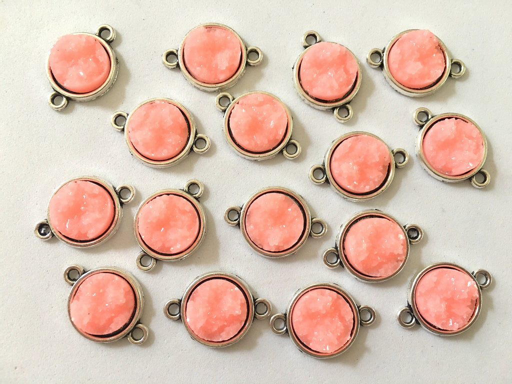 Peach Druzy Beads with 2 Holes, Faux Druzy Connector Beads, orange druzy, druzy bracelet, druzy bangle, orange bracelet, peach, silver