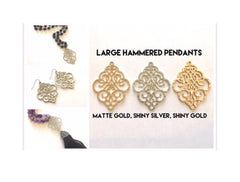 Large Hammered Metal pendants in gold or silver, pendnat necklaces, tassel connector, filigree earrings, gold long necklace, silver tassel