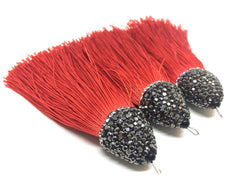 Tomato Red Tassels, tassel earrings, Bejeweled Tassels, 3.25 Inch 85mm Tassel, red jewelry, tassel necklace, red necklace, red silk tassel