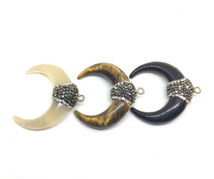 Crescent Shape Pendant, Gold Horn Pendant, Rhinestone pendant, pendant necklace, long necklace, tigers eye black bone, horn pendant necklace