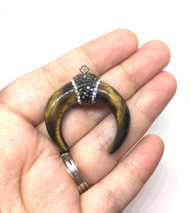 Crescent Shape Pendant, Gold Horn Pendant, Rhinestone pendant, pendant necklace, long necklace, tigers eye black bone, horn pendant necklace