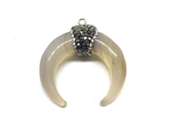 Bone Crescent Shape Pendant, agate silver Horn Pendant, Rhinestone pendant necklace, long necklace, white bone necklace, horn pendant neckla