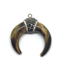 Tigers Eye Crescent Shape Pendant, agate silver Horn Pendant, Rhinestone pendant necklace, long necklace, brown necklace, horn pendant jewel