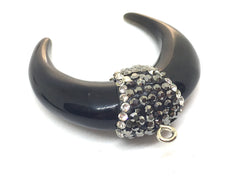 Crescent Shape Pendant, agate silver Horn Pendant, Rhinestone pendant necklace, long necklace, black bone necklace, horn pendant necklace