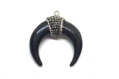 Crescent Shape Pendant, agate silver Horn Pendant, Rhinestone pendant necklace, long necklace, black bone necklace, horn pendant necklace