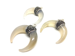 Bone Crescent Shape Pendant, agate silver Horn Pendant, Rhinestone pendant necklace, long necklace, white bone necklace, horn pendant neckla