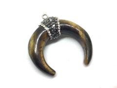 Tigers Eye Crescent Shape Pendant, agate silver Horn Pendant, Rhinestone pendant necklace, long necklace, brown necklace, horn pendant jewel