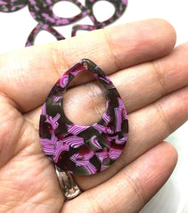 Teardrop shape acrylic 39mm Long Earring or Necklace pendant bead, one hole at top, colorful acrylic pink and white, striped beads