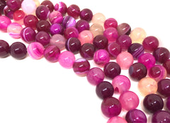 10mm magenta pink striped Agate circle Glass round Beads, jewelry Making beads, Wire Bangles, long necklaces, tassel necklace, pink gems