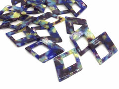 Blue Yellow Tortoise Shell Beads, Diamond shape acrylic 37mm Long Earring or Necklace pendant bead, one hole at top, acrylic tortoise shell