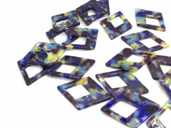 Blue Yellow Tortoise Shell Beads, Diamond shape acrylic 37mm Long Earring or Necklace pendant bead, one hole at top, acrylic tortoise shell