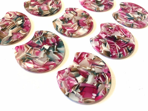 Pink Brown Green Resin Beads, circle cutout acrylic 36mm Earring Necklace pendant bead, one hole at top, silver jewelry acrylic DIY