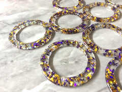 Royal Purple & Gold Confetti circle Resin Beads, geometric acrylic 40mm Earring Necklace pendant bead 1 one hole at top, round jewelry