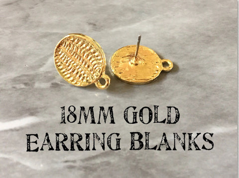 18mm gold textured post earring circle blanks, gold drop earring, gold stud earring, gold jewelry, gold dangle DIY earring making round