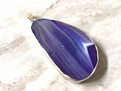 XL Sterling Silver Dipped Purple & Gray Natural Agate GRADE A slice, glass beads circle long oval mandala necklace tree ring striped pendant