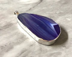XL Sterling Silver Dipped Purple & Gray Natural Agate GRADE A slice, glass beads circle long oval mandala necklace tree ring striped pendant