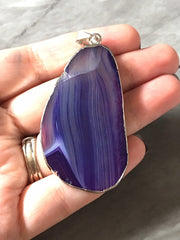 XL Sterling Silver Dipped Purple & Gray Natural Agate GRADE A slice, glass beads circle long oval mandala necklace tree ring striped pendant