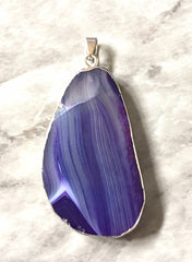 XL Sterling Silver Dipped Purple & Gray Natural Agate GRADE A slice, glass beads circle long oval mandala necklace tree ring striped pendant