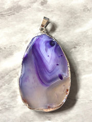 XL Sterling Silver Dipped Purple & Gray Natural Agate GRADE A slice, glass beads circle long oval mandala necklace tree ring striped pendant