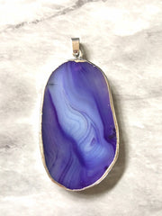 XL Sterling Silver Dipped Purple & Gray Natural Agate GRADE A slice, glass beads circle long oval mandala necklace tree ring striped pendant