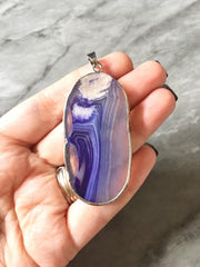 XL Sterling Silver Dipped Purple & Gray Natural Agate GRADE A slice, glass beads circle long oval mandala necklace tree ring striped pendant