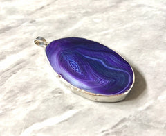 XL Sterling Silver Dipped Purple & Gray Natural Agate GRADE A slice, glass beads circle long oval mandala necklace tree ring striped pendant