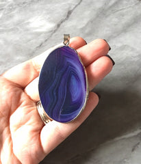 XL Sterling Silver Dipped Purple & Gray Natural Agate GRADE A slice, glass beads circle long oval mandala necklace tree ring striped pendant
