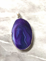 XL Sterling Silver Dipped Purple & Gray Natural Agate GRADE A slice, glass beads circle long oval mandala necklace tree ring striped pendant
