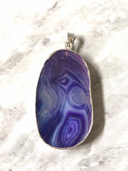 XL Sterling Silver Dipped Purple & Gray Natural Agate GRADE A slice, glass beads circle long oval mandala necklace tree ring striped pendant