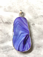 XL Sterling Silver Dipped Purple & Gray Natural Agate GRADE A slice, glass beads circle long oval mandala necklace tree ring striped pendant