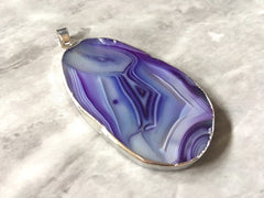 XL Sterling Silver Dipped Purple & Gray Natural Agate GRADE A slice, glass beads circle long oval mandala necklace tree ring striped pendant