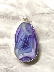 XL Sterling Silver Dipped Purple & Gray Natural Agate GRADE A slice, glass beads circle long oval mandala necklace tree ring striped pendant