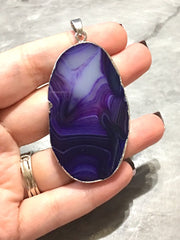 XL Sterling Silver Dipped Purple & Gray Natural Agate GRADE A slice, glass beads circle long oval mandala necklace tree ring striped pendant