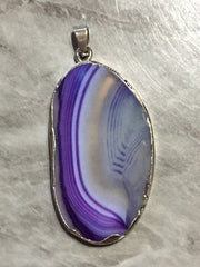 XL Sterling Silver Dipped Purple & Gray Natural Agate GRADE A slice, glass beads circle long oval mandala necklace tree ring striped pendant