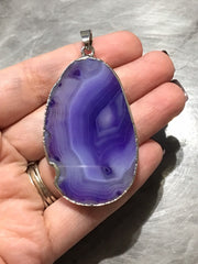XL Sterling Silver Dipped Purple & Gray Natural Agate GRADE A slice, glass beads circle long oval mandala necklace tree ring striped pendant