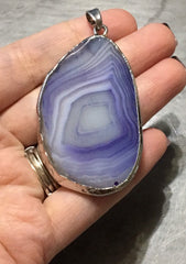 XL Sterling Silver Dipped Purple & Gray Natural Agate GRADE A slice, glass beads circle long oval mandala necklace tree ring striped pendant