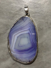 XL Sterling Silver Dipped Purple & Gray Natural Agate GRADE A slice, glass beads circle long oval mandala necklace tree ring striped pendant