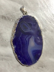 XL Sterling Silver Dipped Purple & Gray Natural Agate GRADE A slice, glass beads circle long oval mandala necklace tree ring striped pendant