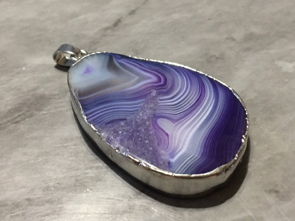 XL Sterling Silver Dipped Purple & Gray Natural Agate GRADE A slice, glass beads circle long oval mandala necklace tree ring striped pendant