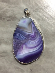 XL Sterling Silver Dipped Purple & Gray Natural Agate GRADE A slice, glass beads circle long oval mandala necklace tree ring striped pendant