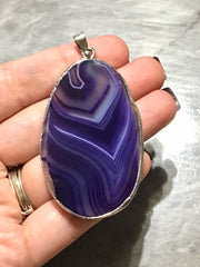 XL Sterling Silver Dipped Purple & Gray Natural Agate GRADE A slice, glass beads circle long oval mandala necklace tree ring striped pendant