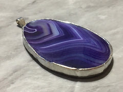 XL Sterling Silver Dipped Purple & Gray Natural Agate GRADE A slice, glass beads circle long oval mandala necklace tree ring striped pendant