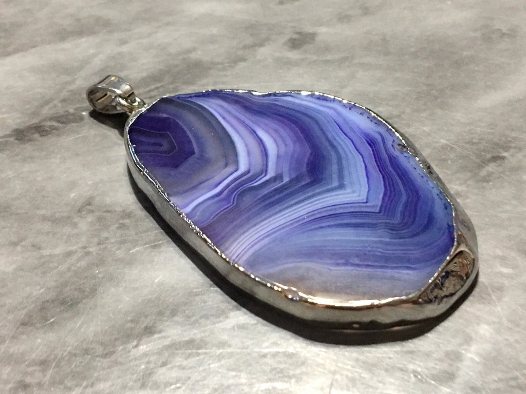 XL Sterling Silver Dipped Purple & Gray Natural Agate GRADE A slice, glass beads circle long oval mandala necklace tree ring striped pendant
