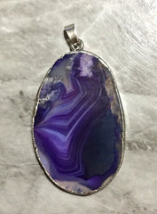 XL Sterling Silver Dipped Purple & Gray Natural Agate GRADE A slice, glass beads circle long oval mandala necklace tree ring striped pendant