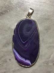XL Sterling Silver Dipped Purple & Gray Natural Agate GRADE A slice, glass beads circle long oval mandala necklace tree ring striped pendant
