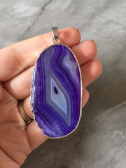 XL Sterling Silver Dipped Purple & Gray Natural Agate GRADE A slice, glass beads circle long oval mandala necklace tree ring striped pendant