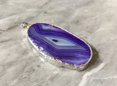 XL Sterling Silver Dipped Purple & Gray Natural Agate GRADE A slice, glass beads circle long oval mandala necklace tree ring striped pendant