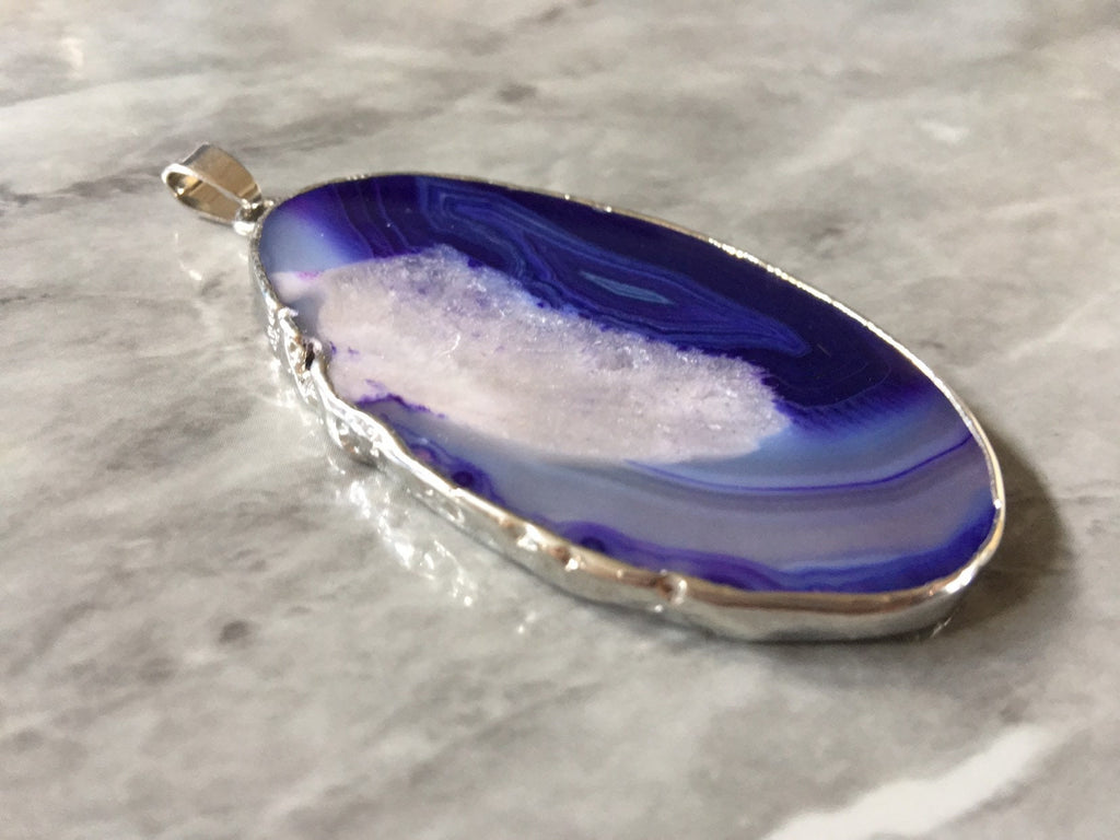 XL Sterling Silver Dipped Purple & Gray Natural Agate GRADE A slice, glass beads circle long oval mandala necklace tree ring striped pendant